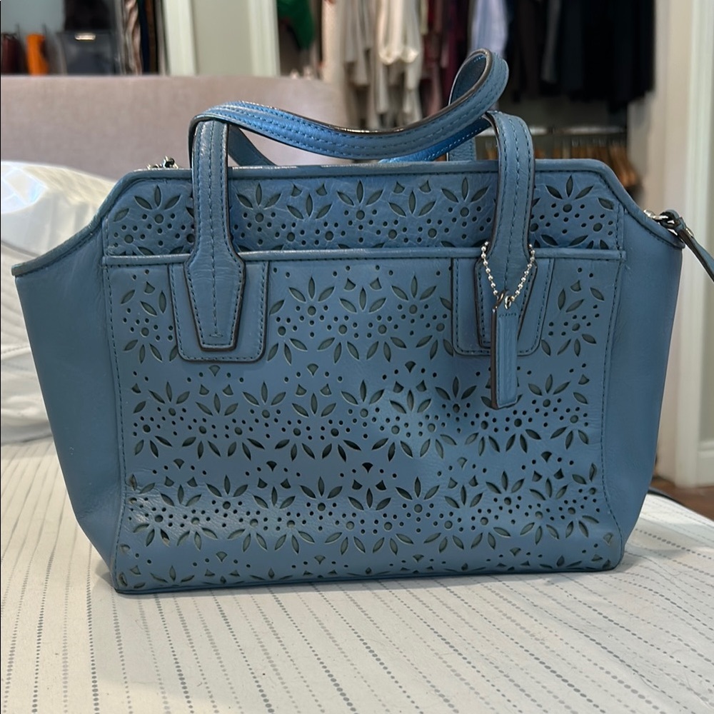 Coach Laser Cut Floral Bag in Blue with detachable Shoulder Strap